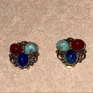 Unsigned Vintage Clip On Earrings Gold Toned Metal Filigree With Three Beads